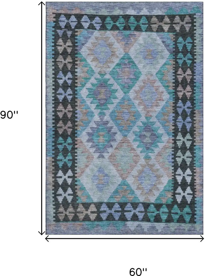 Teal And Charcoal Tribal Washable Area Rug With UV Protection Photo 9