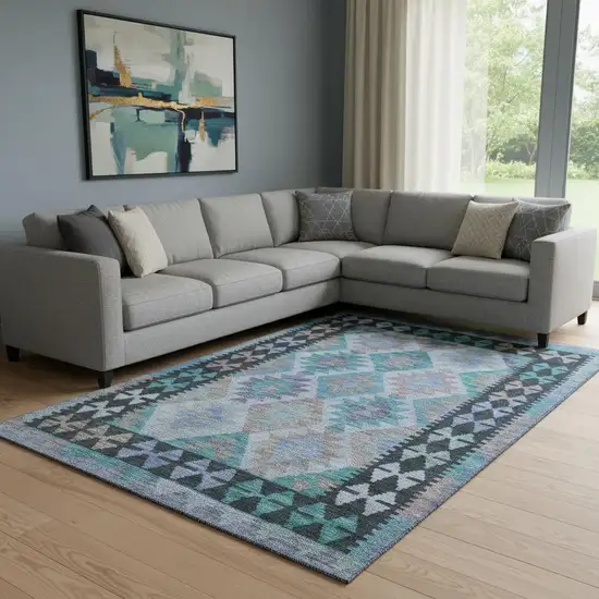 Teal And Charcoal Tribal Washable Area Rug With UV Protection Photo 1