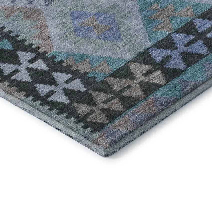 Teal And Charcoal Tribal Washable Area Rug With UV Protection Photo 8