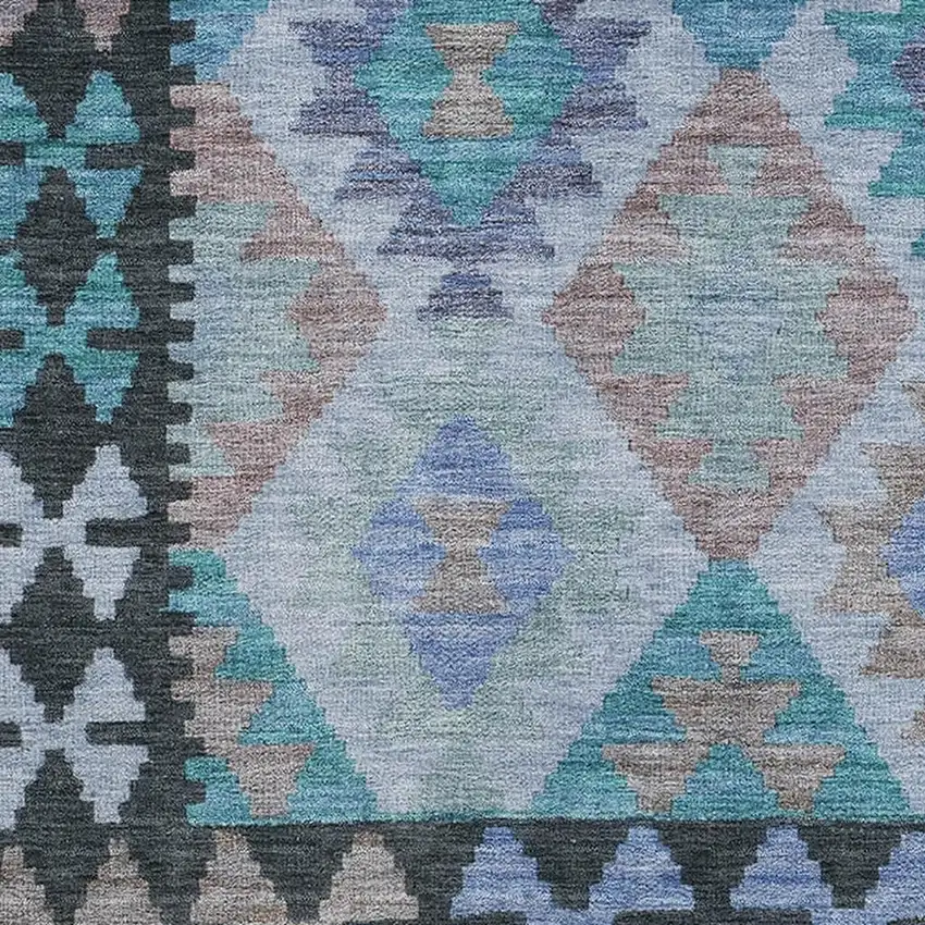 Teal And Charcoal Tribal Washable Area Rug With UV Protection Photo 3