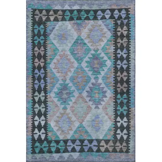 Teal And Charcoal Tribal Washable Area Rug With UV Protection Photo 4