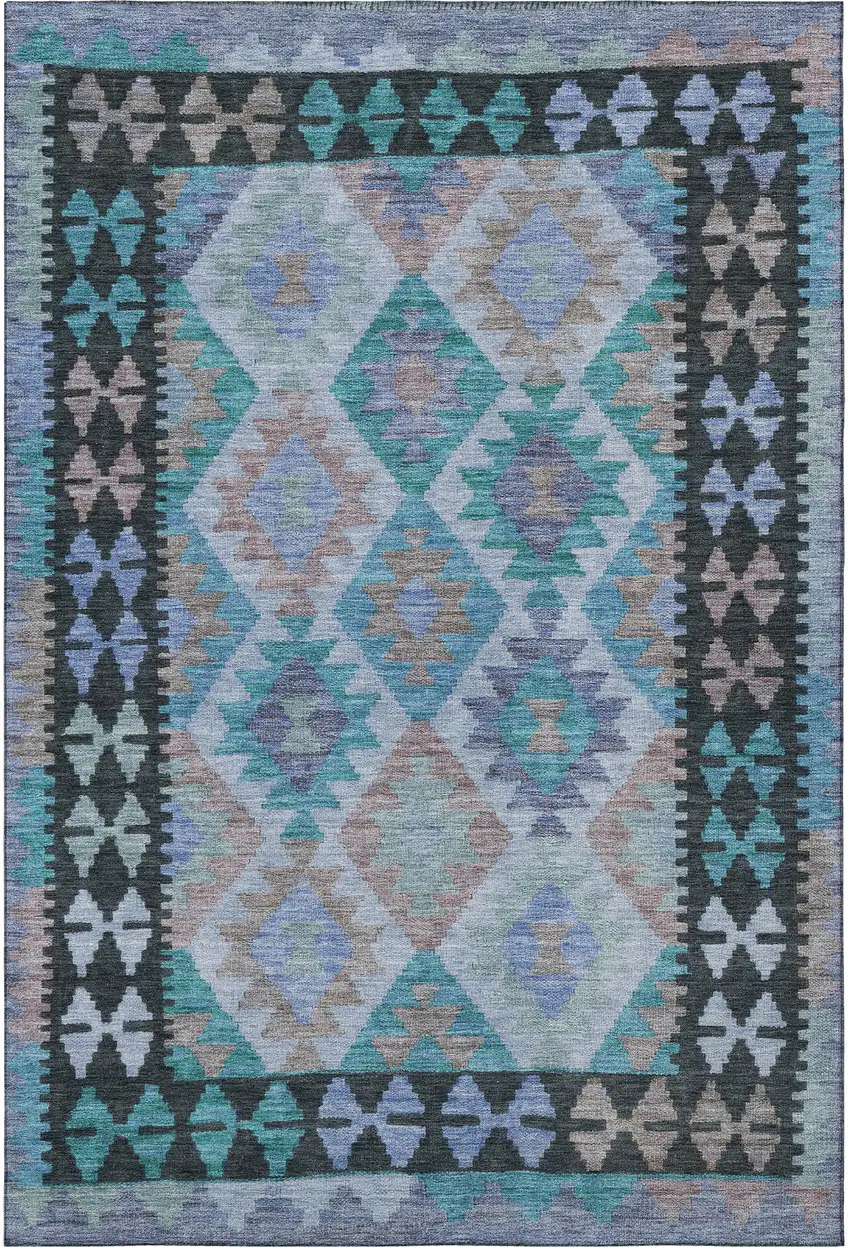 Teal And Charcoal Tribal Washable Area Rug With UV Protection Photo 4