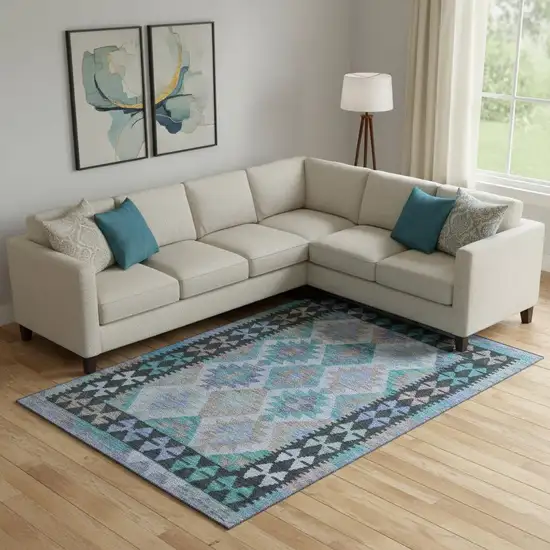 Teal And Charcoal Tribal Washable Area Rug With UV Protection Photo 2