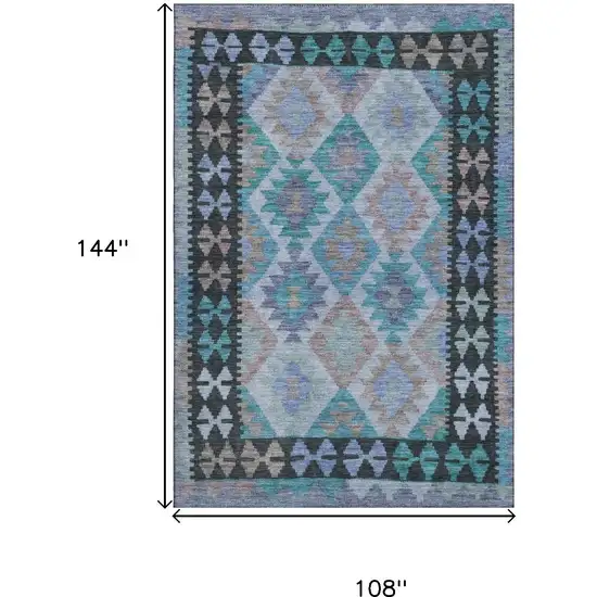 Teal And Charcoal Tribal Washable Area Rug With UV Protection Photo 9