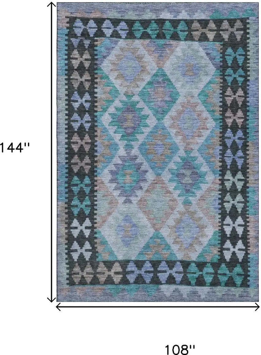 Teal And Charcoal Tribal Washable Area Rug With UV Protection Photo 9