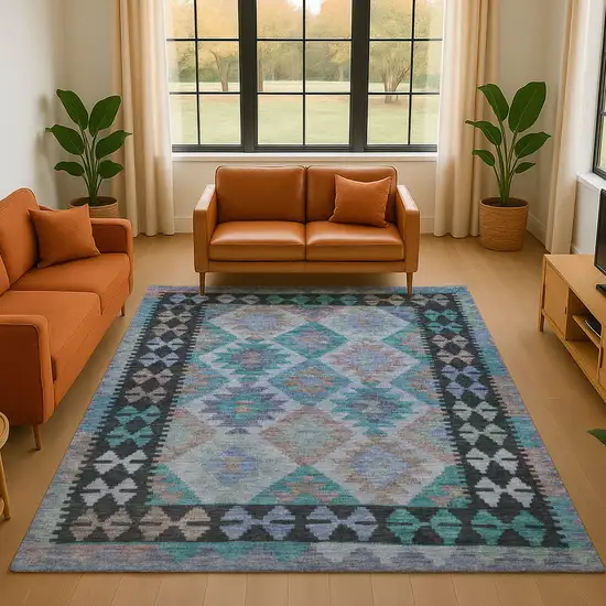 Teal And Charcoal Tribal Washable Area Rug With UV Protection Photo 5