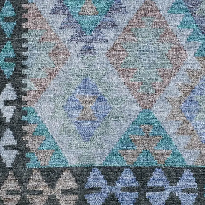 Teal And Charcoal Tribal Washable Area Rug With UV Protection Photo 3