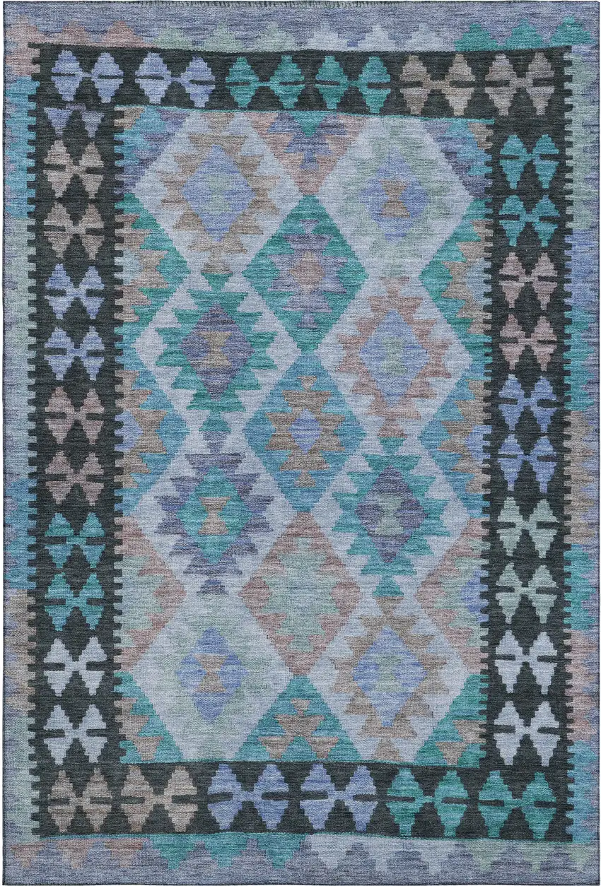 Teal And Charcoal Tribal Washable Area Rug With UV Protection Photo 1