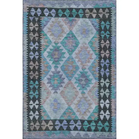 Teal And Charcoal Tribal Washable Area Rug With UV Protection Photo 1