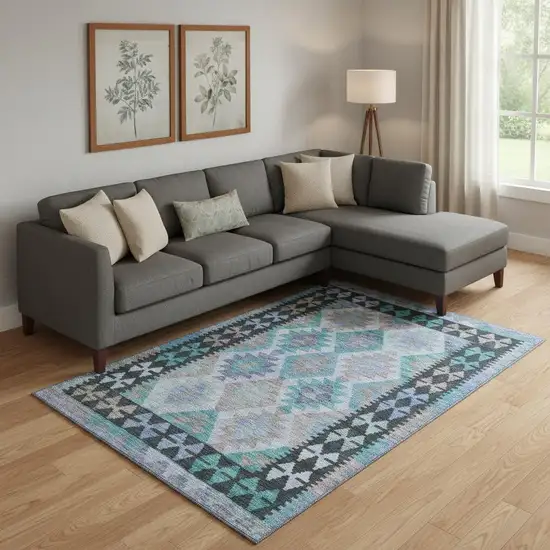 Teal And Charcoal Tribal Washable Area Rug With UV Protection Photo 2