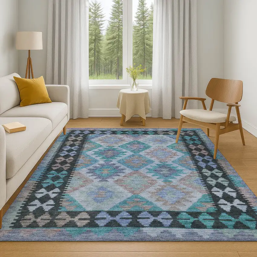 Teal And Charcoal Tribal Washable Area Rug With UV Protection Photo 6