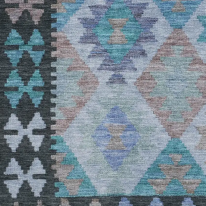 Teal And Charcoal Tribal Washable Area Rug With UV Protection Photo 3