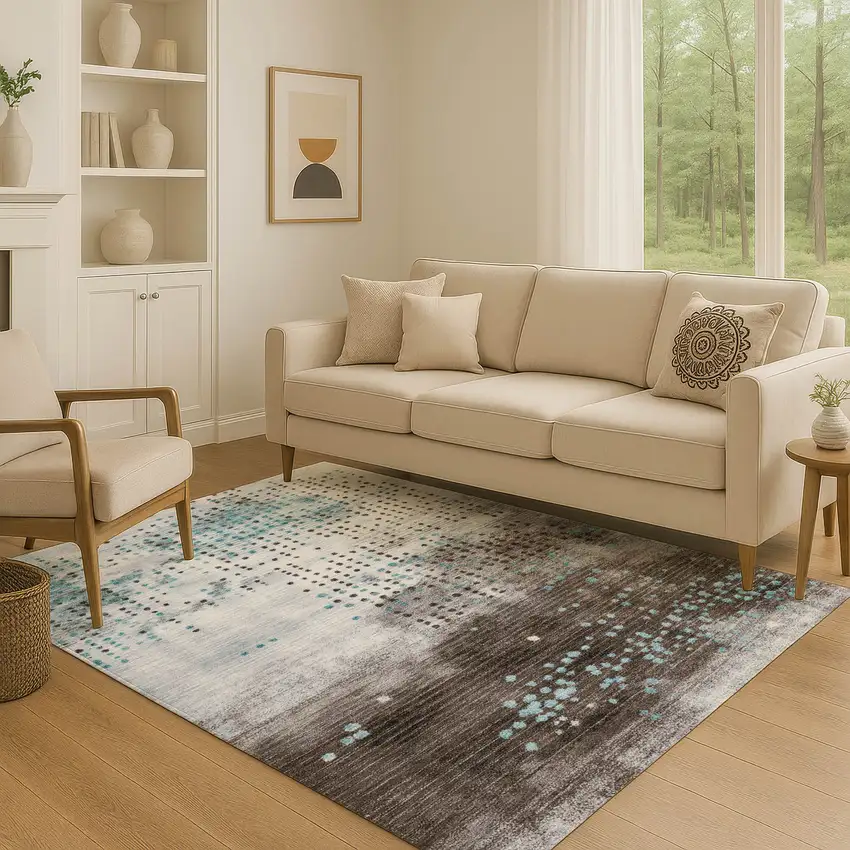 Teal And Chocolate Geometric Washable Area Rug With UV Protection Photo 5