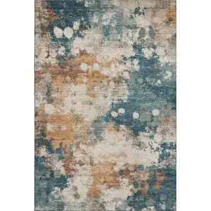 Photo of Teal And Copper Abstract Washable Area Rug With UV Protection