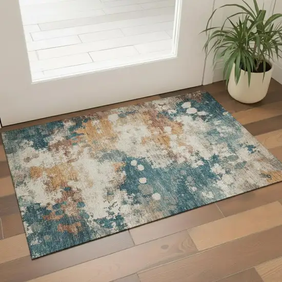 Teal And Copper Abstract Washable Area Rug With UV Protection Photo 2