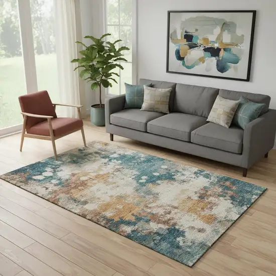 Teal And Copper Abstract Washable Area Rug With UV Protection Photo 2