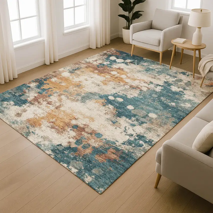 Teal And Copper Abstract Washable Area Rug With UV Protection Photo 6