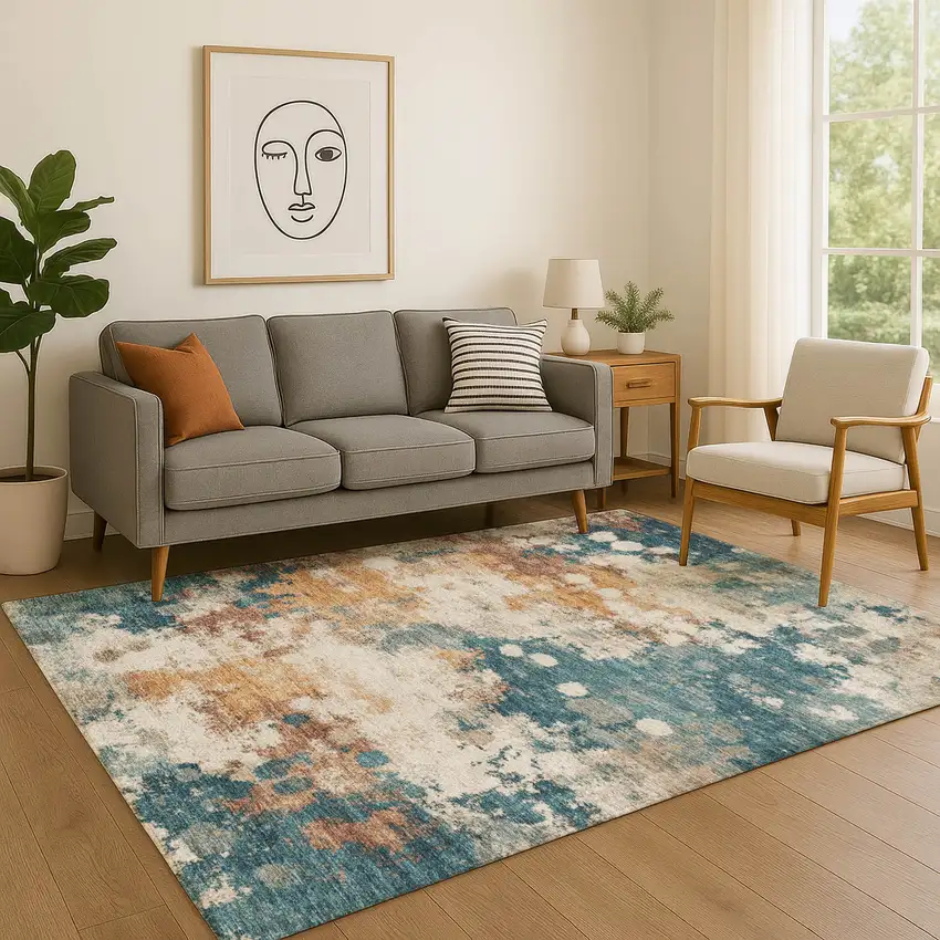 Teal And Copper Abstract Washable Area Rug With UV Protection Photo 5