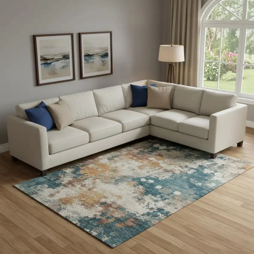 Teal And Copper Abstract Washable Area Rug With UV Protection Photo 2
