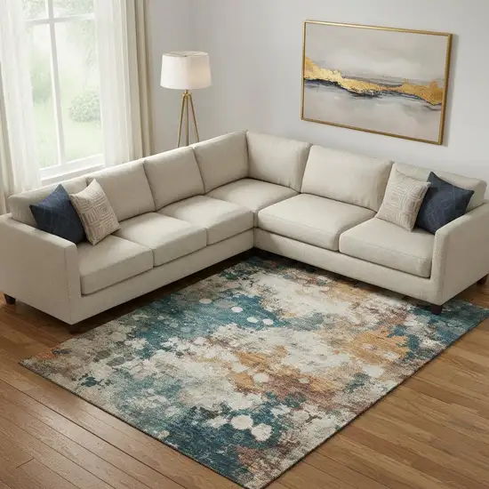 Teal And Copper Abstract Washable Area Rug With UV Protection Photo 2