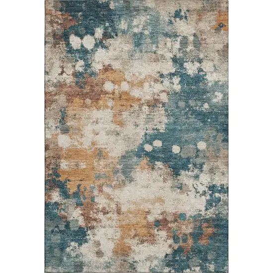 Teal And Copper Abstract Washable Area Rug With UV Protection Photo 1