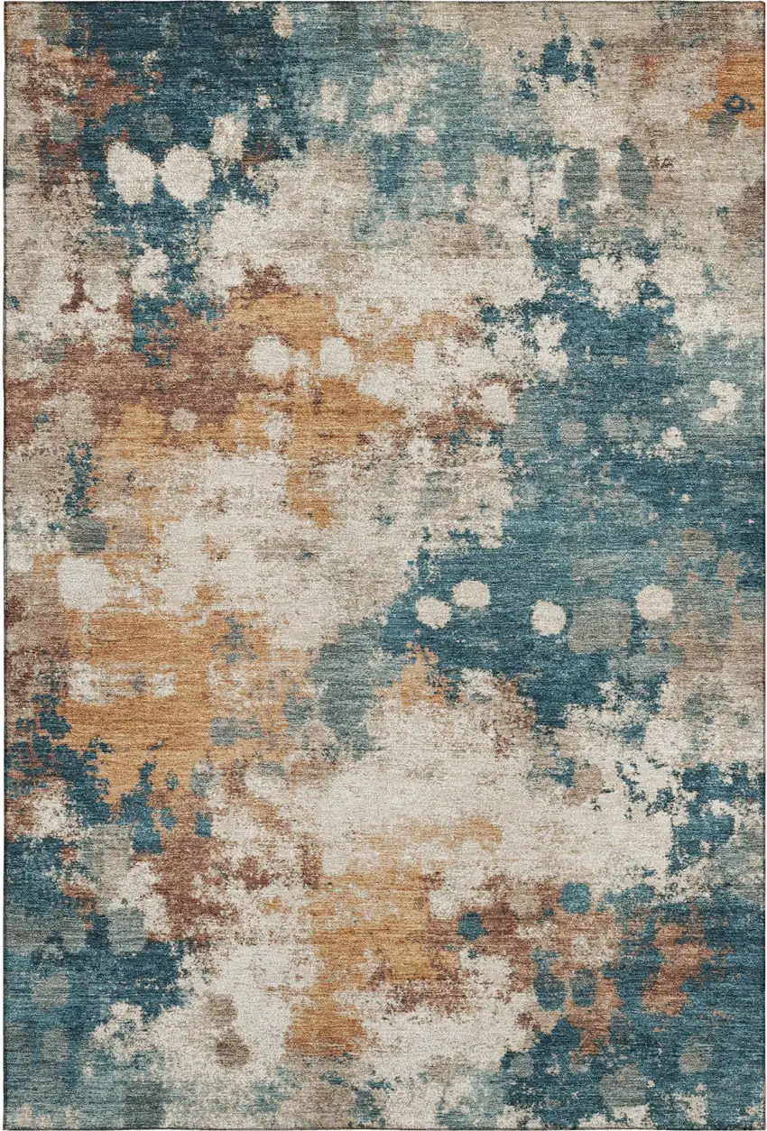 Teal And Copper Abstract Washable Area Rug With UV Protection Photo 1