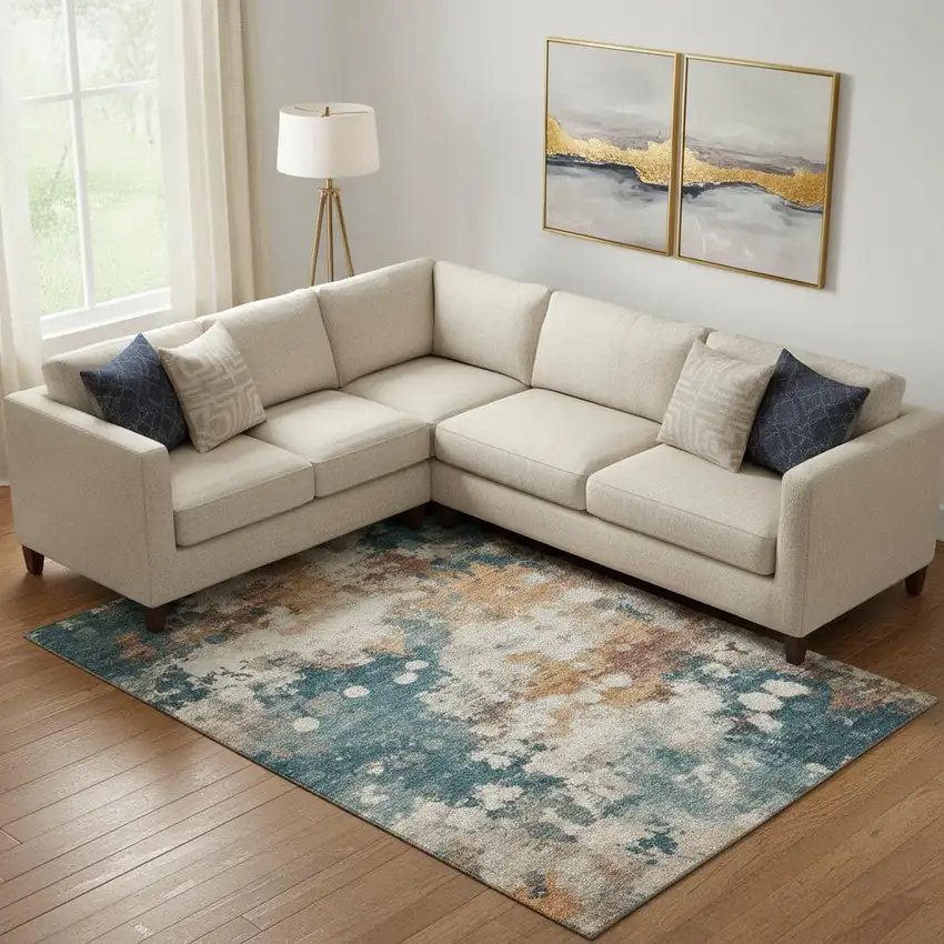 Teal And Copper Abstract Washable Area Rug With UV Protection Photo 2