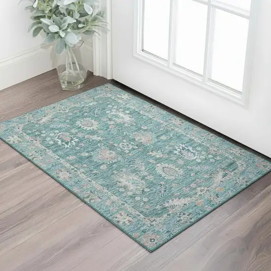 Teal And Copper Oriental Washable Area Rug With UV Protection Photo 2