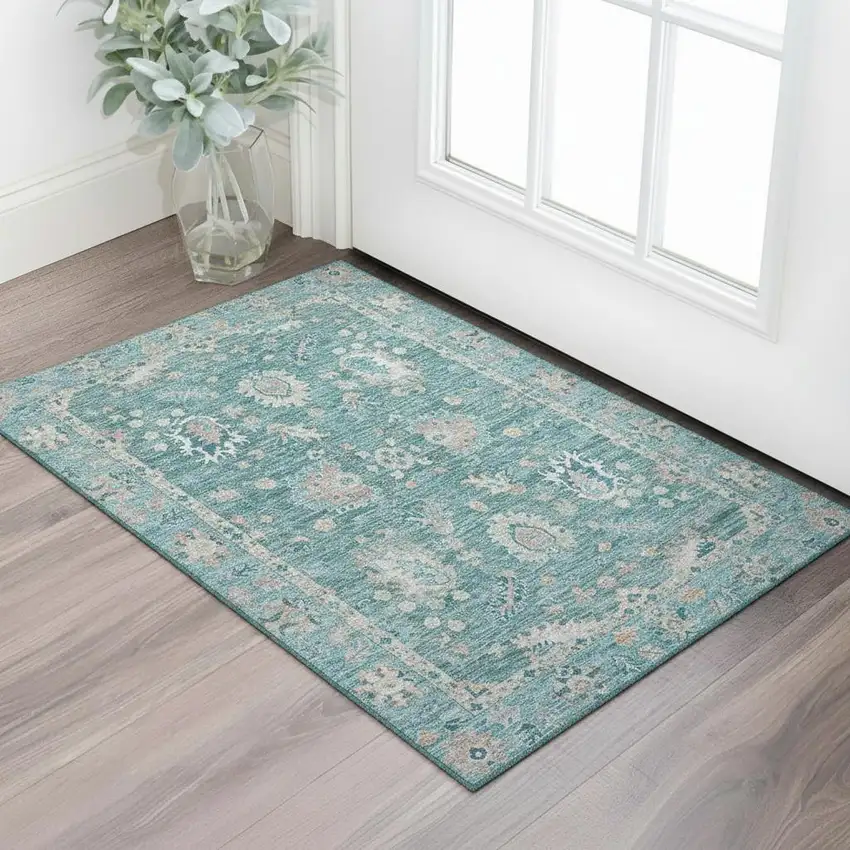 Teal And Copper Oriental Washable Area Rug With UV Protection Photo 2