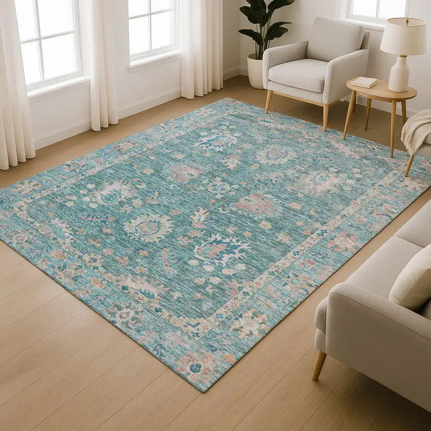 Teal And Copper Oriental Washable Area Rug With UV Protection Photo 6
