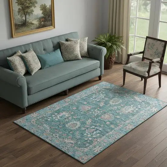 Teal And Copper Oriental Washable Area Rug With UV Protection Photo 2