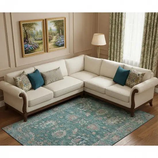 Teal And Copper Oriental Washable Area Rug With UV Protection Photo 2