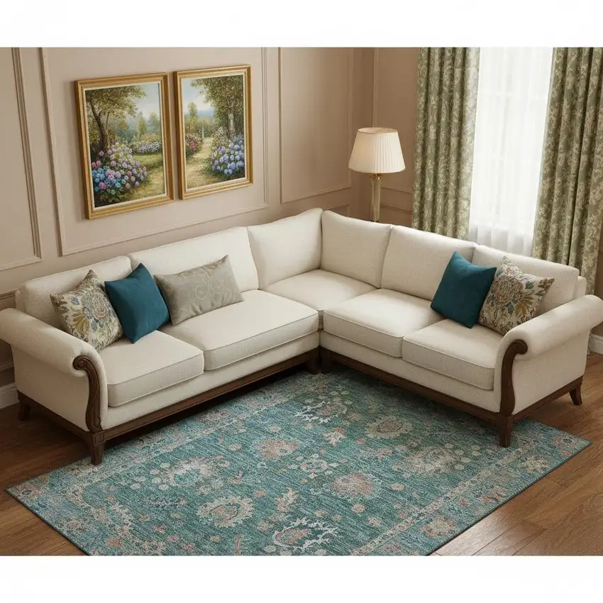 Teal And Copper Oriental Washable Area Rug With UV Protection Photo 2