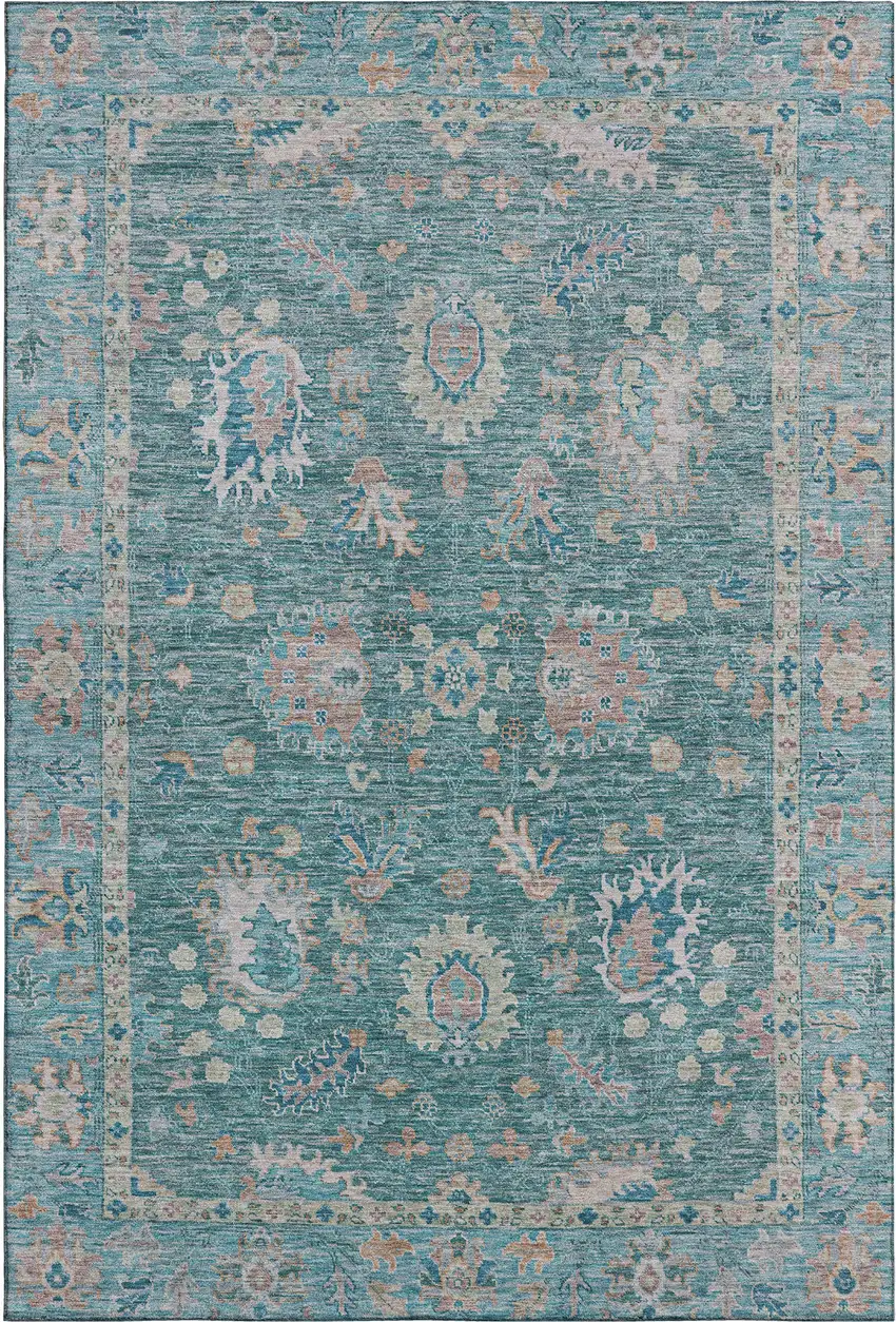 Teal And Copper Oriental Washable Area Rug With UV Protection Photo 1