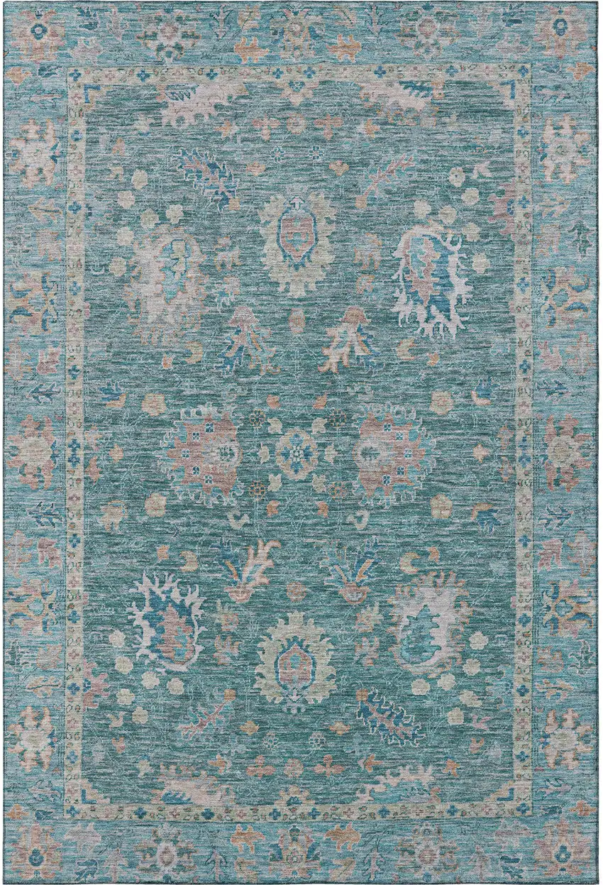Teal And Copper Oriental Washable Area Rug With UV Protection Photo 4