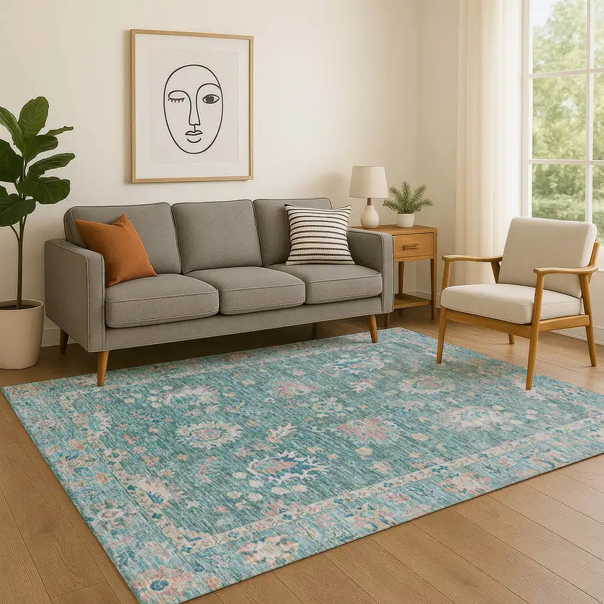 Teal And Copper Oriental Washable Area Rug With UV Protection Photo 5