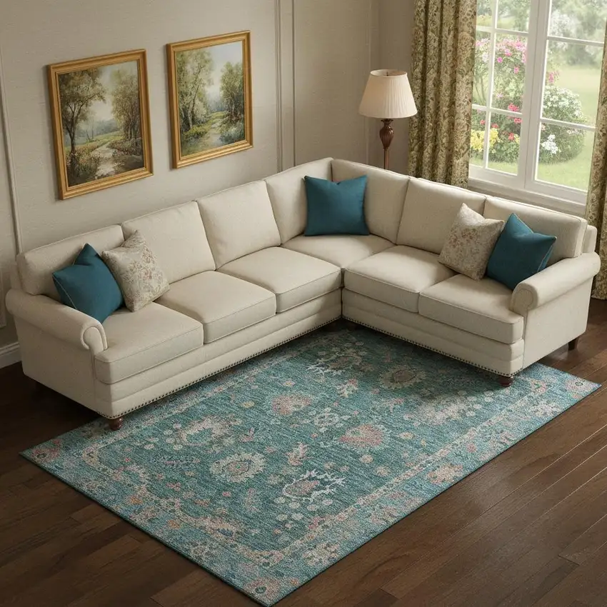 Teal And Copper Oriental Washable Area Rug With UV Protection Photo 2