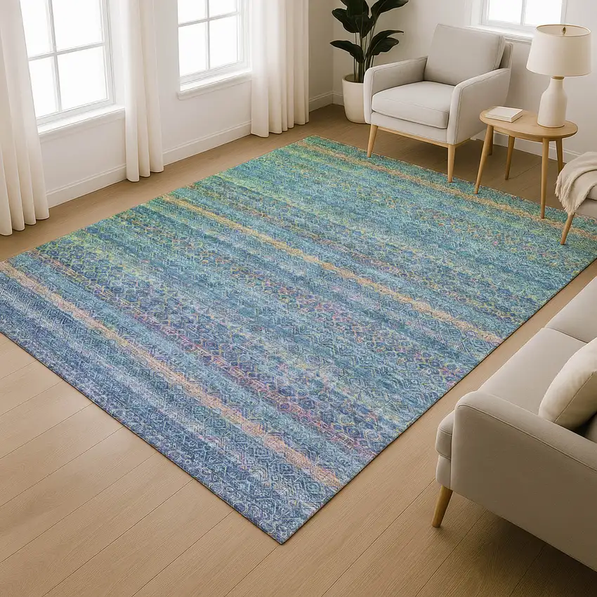 Teal And Copper Striped Washable Area Rug With UV Protection Photo 6