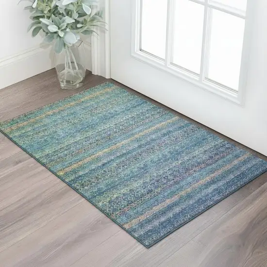 Teal And Copper Striped Washable Area Rug With UV Protection Photo 2