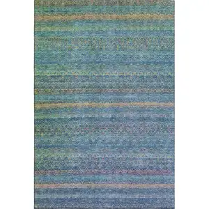 Photo of Teal And Copper Striped Washable Area Rug With UV Protection