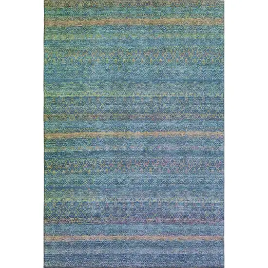 Teal And Copper Striped Washable Area Rug With UV Protection Photo 1