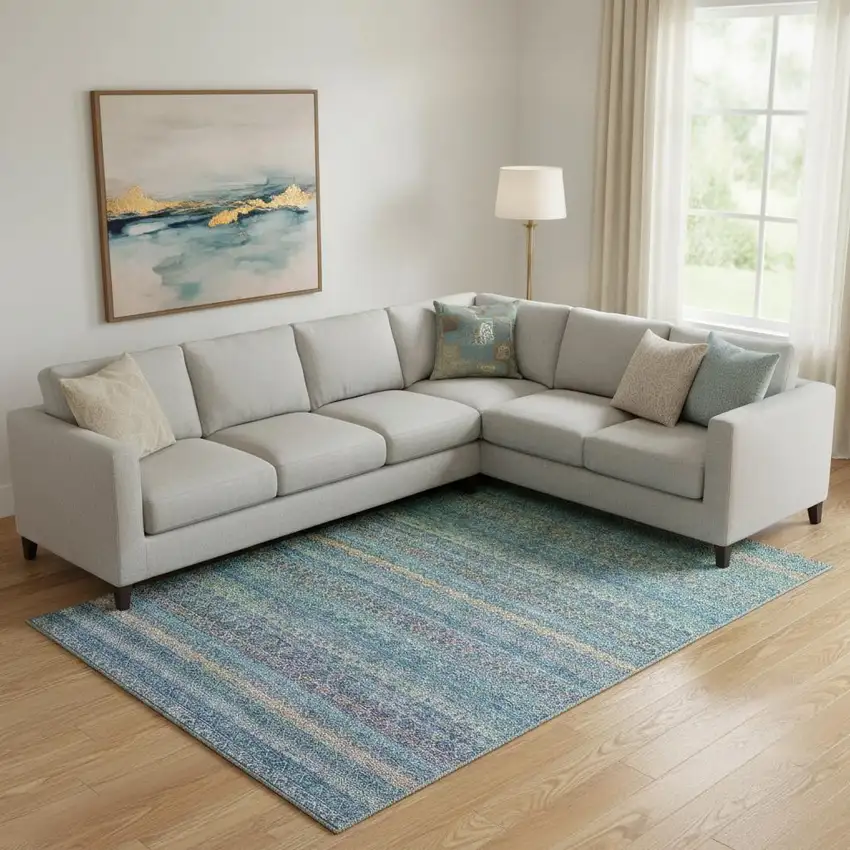 Teal And Copper Striped Washable Area Rug With UV Protection Photo 2