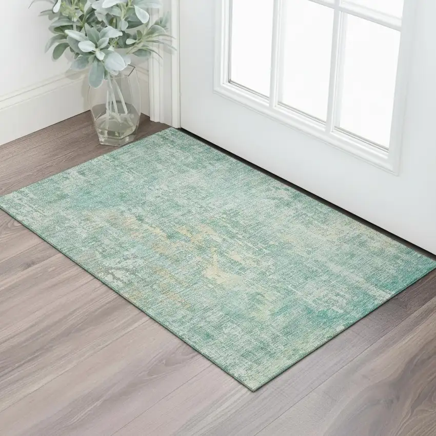 Teal And Gold Abstract Washable Area Rug With UV Protection Photo 2