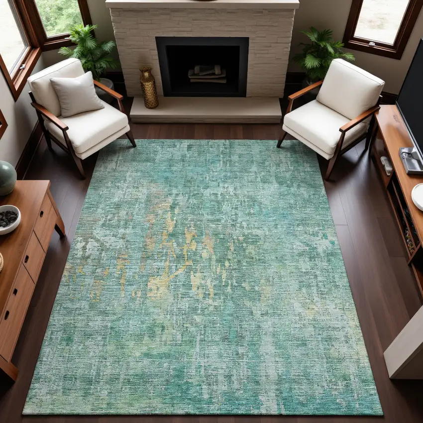 Teal And Gold Abstract Washable Area Rug With UV Protection Photo 5