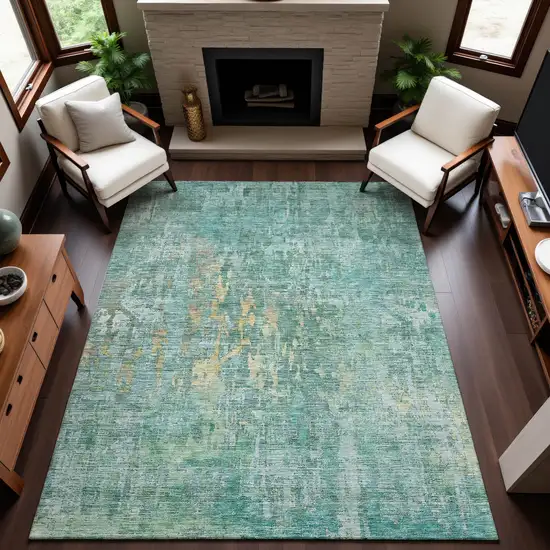 Teal And Gold Abstract Washable Area Rug With UV Protection Photo 5