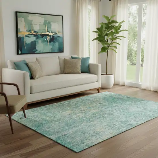 Teal And Gold Abstract Washable Area Rug With UV Protection Photo 2