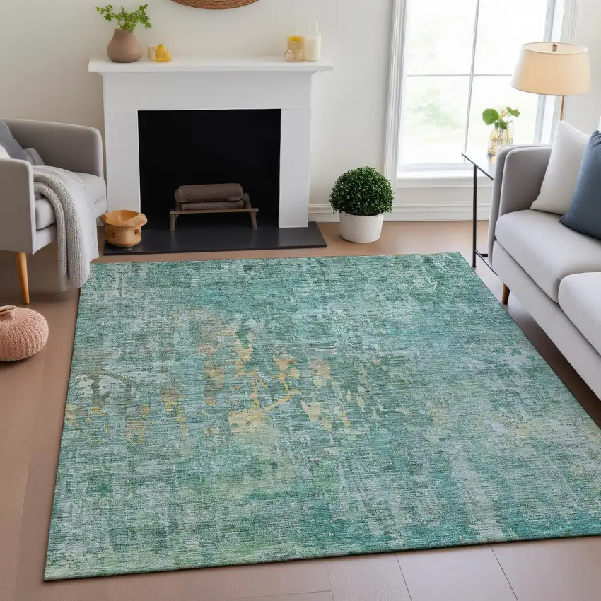 Teal And Gold Abstract Washable Area Rug With UV Protection Photo 4
