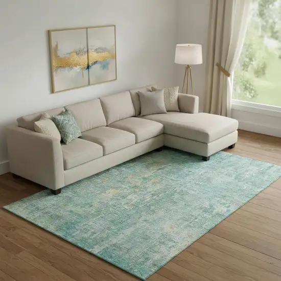 Teal And Gold Abstract Washable Area Rug With UV Protection Photo 2