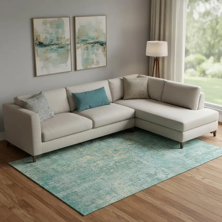 Teal And Gold Abstract Washable Area Rug With UV Protection Photo 2