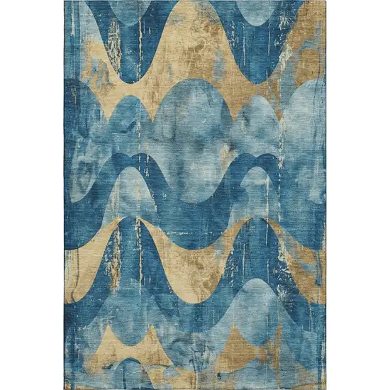 Teal And Gold Abstract Washable Area Rug With UV Protection Photo 1